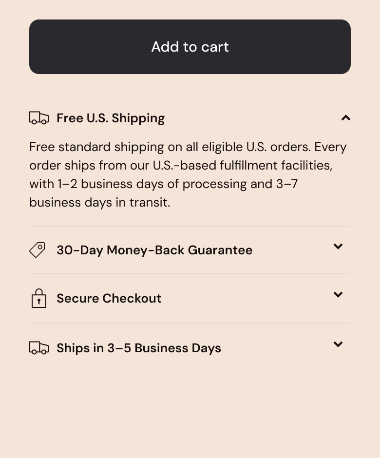 The same screen. The Free U.S. Shipping row now answers the question: free standard shipping on eligible U.S. orders, shipped from U.S. facilities, one to two business days of processing and three to seven in transit.