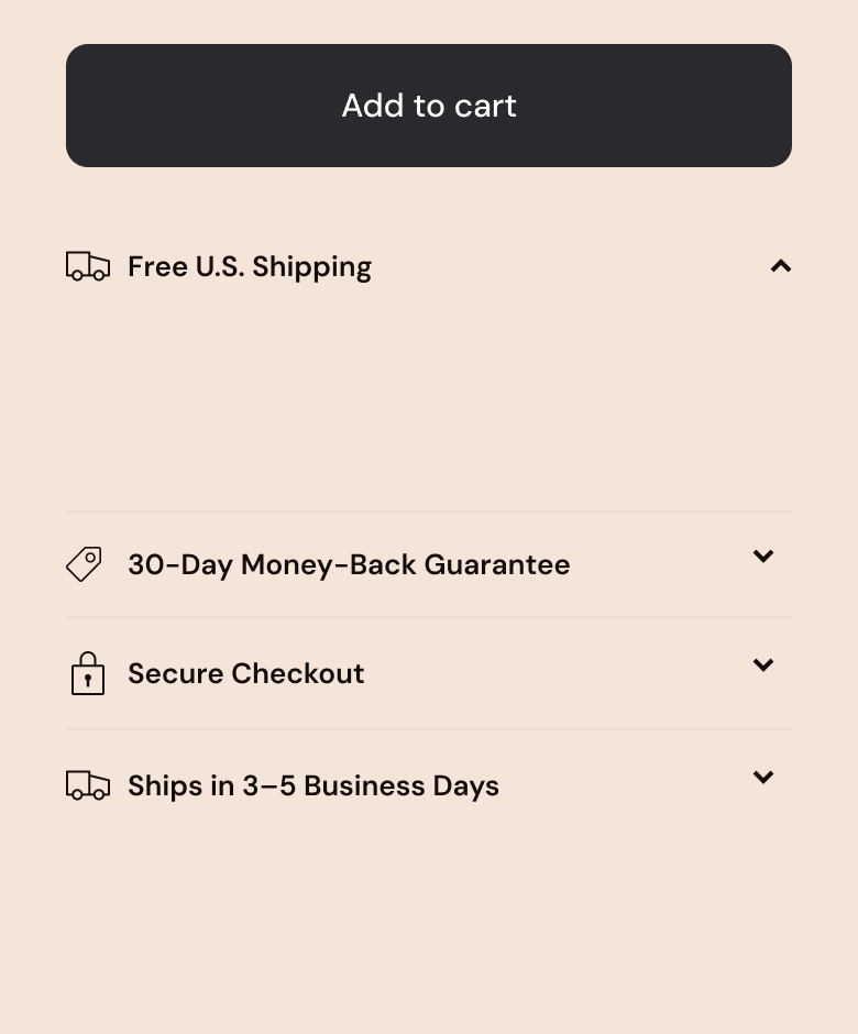 Mobile product page. Under the Add to Cart button, a Free U.S. Shipping row is open and shows nothing at all. Three more rows below it: money-back guarantee, secure checkout, delivery time.